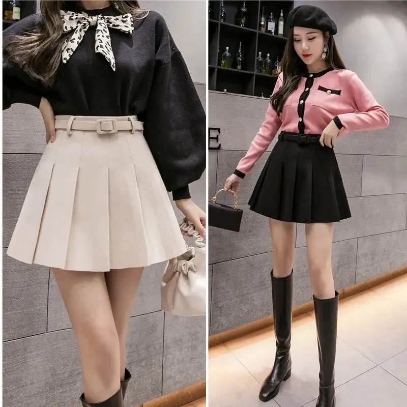 Women's High Waist A- line Skirt with Belt Woolen Pleated Skirt Short Autumn and Winter Woman Skirts Mujer Faldas Saias Mulher