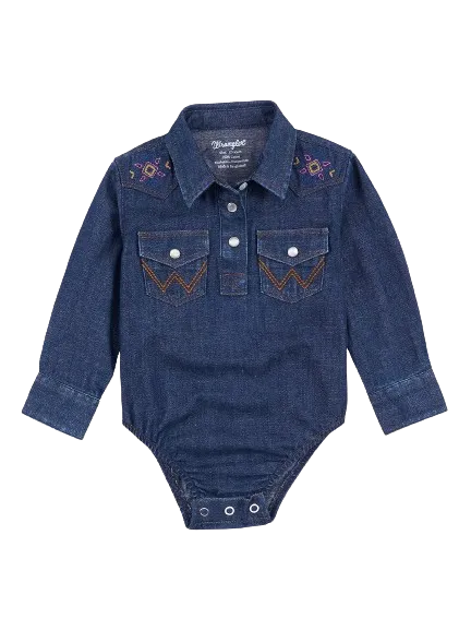 Wrangler Kid's Baby Embroidered Yoke Denim In Blue Denim Bodysuit